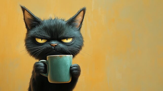 A grumpy black cat holding a teal mug with a stern expression against a yellow background, showcasing feline displeasure with a humorous touch.