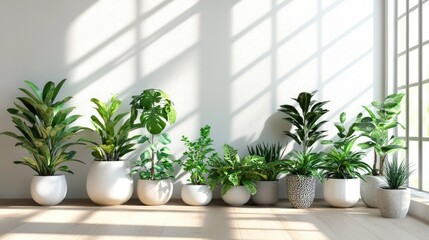 Tropical House Plants in Sunlit Room: Easy Care Indoor Greenery Casting Shadows on Wooden Floor