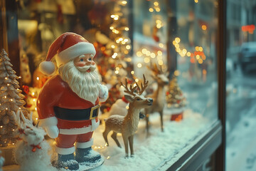 A cheerful window display with Santa figurines, reindeer, and sparkling lights showcases the joyful magic of Christmas.