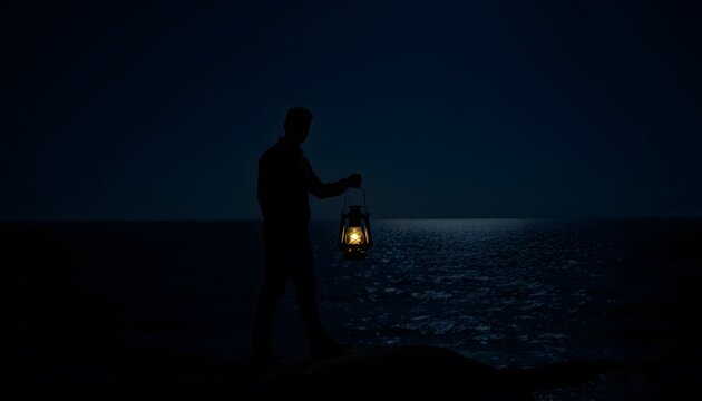 Silhouette of man with lantern by sea at night