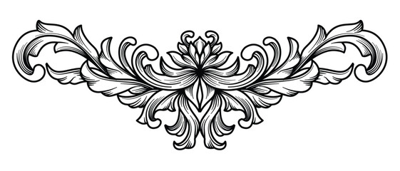 Black and white baroque victorian flourish floral ornament. Arabesque, scroll leaf decorative design.  filigree calligraphic heraldic vector illustration.