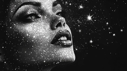 A dramatic black and white abstract art of a woman's face intertwined with sparkling stars, evoking a cosmic and dreamlike ambiance filled with wonder and beauty.