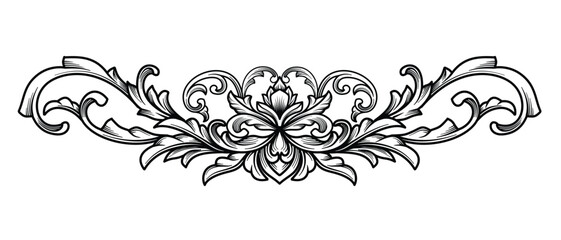 Arabesque, filigree heraldic crest with flourish floral engraved pattern ornament. Baroque engraving divider, corner, border frame design element, vector illustration