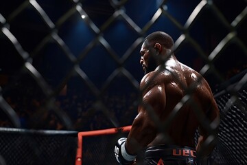 Muscular fighter preparing for ufc fight in cage