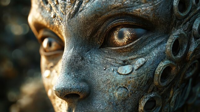 Close-up of an alien's face showing intricate details and textures, reflecting light in its large eyes, suggesting intelligence and otherworldly presence.