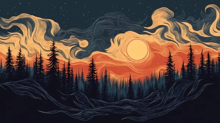 Mystical forest artwork blending pyrography textures with digital art techniques for a magical and atmospheric visual experience.