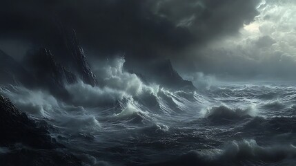 Fototapeta premium Dramatic ocean storm scene with dark, rocky cliffs and massive waves under a stormy sky.