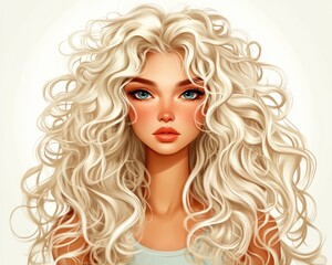 Fototapeta premium Charming Young Woman with Luscious Blonde Curls and Natural Makeup, Exuding Timeless Beauty