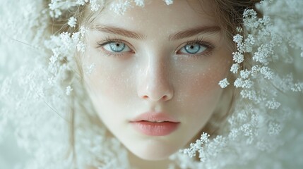 A close-up portrait of a young woman with striking blue eyes surrounded by delicate white flowers, capturing purity, innocence, and natural beauty.