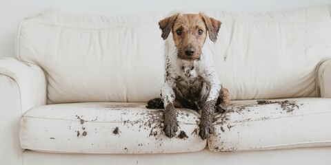 Fototapeta na wymiar A Messy Dog on a White Couch Creating a Delightful Scene of Fun and Chaos in the Home