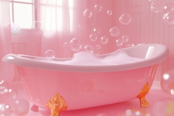 Pink bathtub filled with soap foam and bubbles floating in bathroom