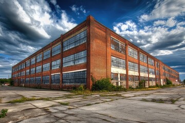 Obraz premium Urban Architectural Design: Industrial Brick Building Complex Under White Cloudscape