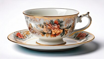 Fototapeta premium A delicate Victorian porcelain teacup and saucer, hand-painted with floral motifs in soft 