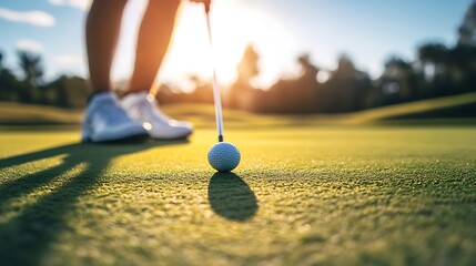 Golfer putting on a sunny green.