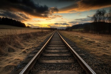 Fototapeta premium Numerous Metal Train Tracks Lining a German Landscape at Dusk, Capturing the Essence of Evening Transportation