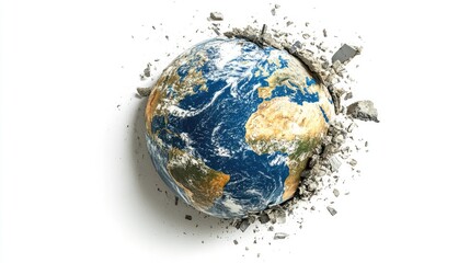 Fototapeta premium Fragmented Globe on White Background: A Representation of Earth's Disintegration and Potential for Repair