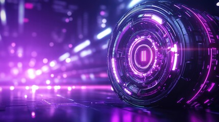 3D illustration on a futuristic hologram, in purple and black colors, with a cyberpunk style, a blurred background