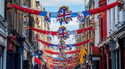 Vibrant Union Jack Garlands Adorning London Streets for Royal Coronation Celebration