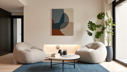 Generative AI, A Bright and Airy Living Room Merging Geometric Art, Textured Furniture, and Subtle Contrasts for a Perfect Blend of Whimsy and Elegance