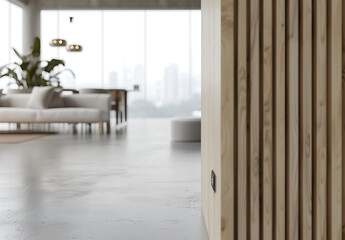 Modern interior with vertical wooden slats, natural light, and an open-plan living area featuring elegant and stylish furnishings