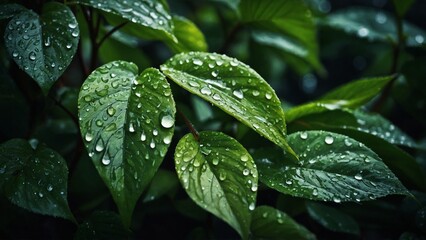 Green leaves with rain water drops wallpaper background