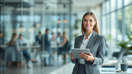 Professional woman smiling confidently Wearing gray business suit Holding tablet Modern open office space Large windows Colleagues working Clean professional atmosphere Women selective focus