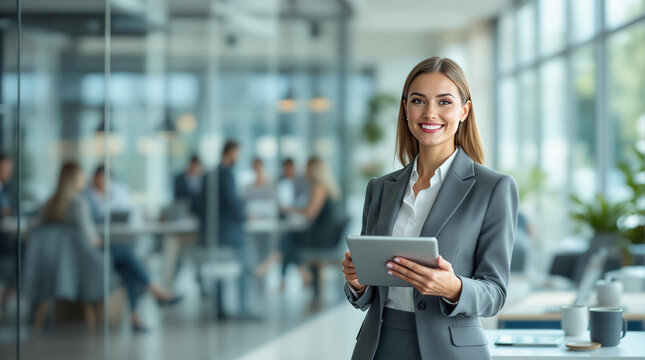 Professional woman smiling confidently Wearing gray business suit Holding tablet Modern open office space Large windows Colleagues working Clean professional atmosphere Women selective focus