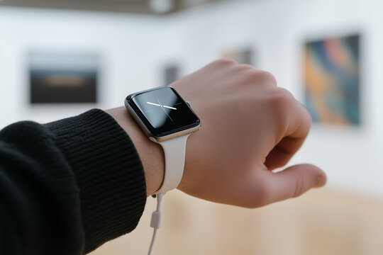Close-up of a smartwatch on a wrist in an art gallery, showcasing modern wearable technology and contemporary lifestyle