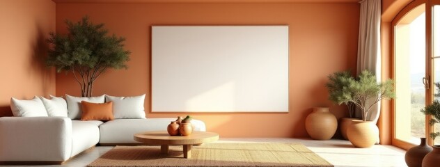 Mock up poster frame in mediterranean home interior design of modern living room. Terracotta walls, a white linen sofa, and a wooden coffee table.