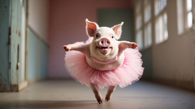 Pig bellerina. Piggy ballet dancer dressed in pink skirt.