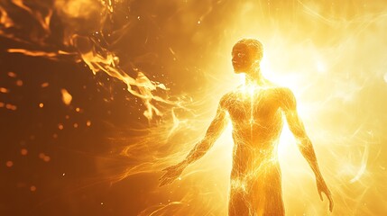 Glowing humanoid figure engulfed in fiery, ethereal energy, radiating light and warmth.