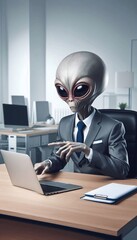 Alien in a business suit pointing at a laptop screen in an office setting