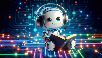 Adorable robot reading a book on a vibrant digital circuit board background