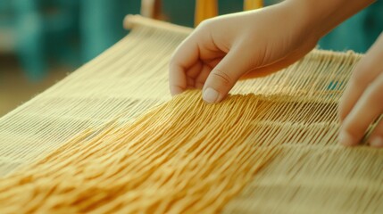 Hands weaving vibrant yellow threads on a loom, showcasing traditional craftsmanship, AI