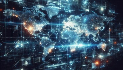 Fototapeta premium Dynamic digital world map highlighting America for AI-powered global connectivity
