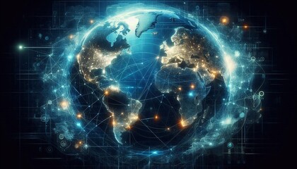 Dynamic digital world map highlighting America for AI-powered global connectivity