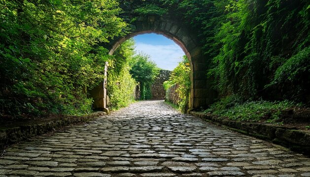 stone path through lush green archway walkway cobblestone cobblestones doorway gateway