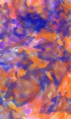 Abstract painting with bright shades of blue and orange in a flowing design