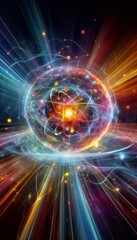 Obraz premium Wide-angle glowing depiction of an atom with swirling energy and particles, symbolizing atomic and quantum science