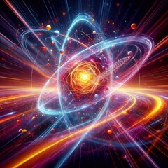 Fototapeta premium Wide-angle glowing depiction of an atom with swirling energy and particles, symbolizing atomic and quantum science