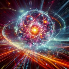Obraz premium Wide-angle glowing depiction of an atom with swirling energy and particles, symbolizing atomic and quantum science