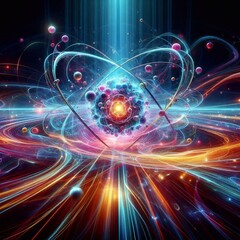 Obraz premium Wide-angle glowing depiction of an atom with swirling energy and particles, symbolizing atomic and quantum science