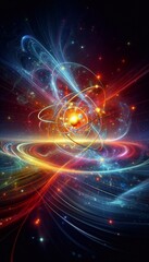 Wide-angle glowing depiction of an atom with swirling energy and particles, symbolizing atomic and quantum science