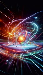 Obraz premium Wide-angle glowing depiction of an atom with swirling energy and particles, symbolizing atomic and quantum science