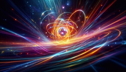Wide-angle glowing depiction of an atom with swirling energy and particles, symbolizing atomic and quantum science