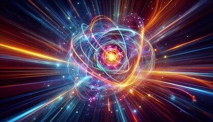 Wide-angle glowing depiction of an atom with swirling energy and particles, symbolizing atomic and quantum science