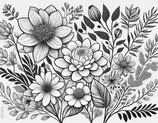 Obraz premium hand drawn black and white botanical illustration of various flowers and plants showcasing intricate and detailed floral designs