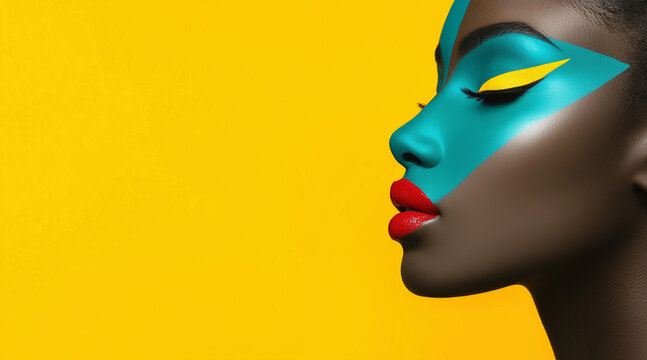 afrowoman, Vibrant and artistic makeup on the beautiful face of topmodel from Egypt, fashionista look, masterpiece, haute couture shot