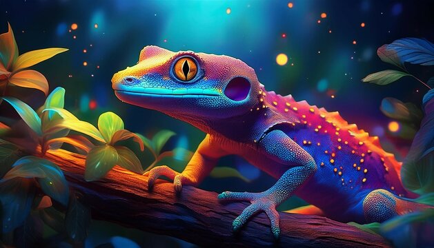 a vibrant glowing gecko perched on a branch surrounded by lush leaves and a mystical atmosphere in a magical nightscape - Powered by Adobe