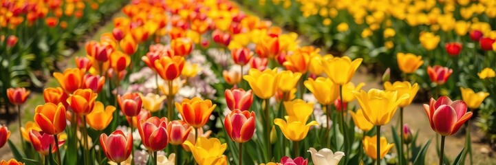 Fototapeta premium A beautiful line of bright yellow tulips stretching across a field, fresh, fresh